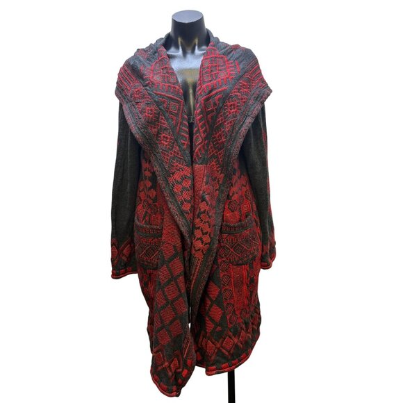 Urban Artisan Biya Hooded Cardigan Geometric Red & Grey Knit Sweater XL - Picture 1 of 7
